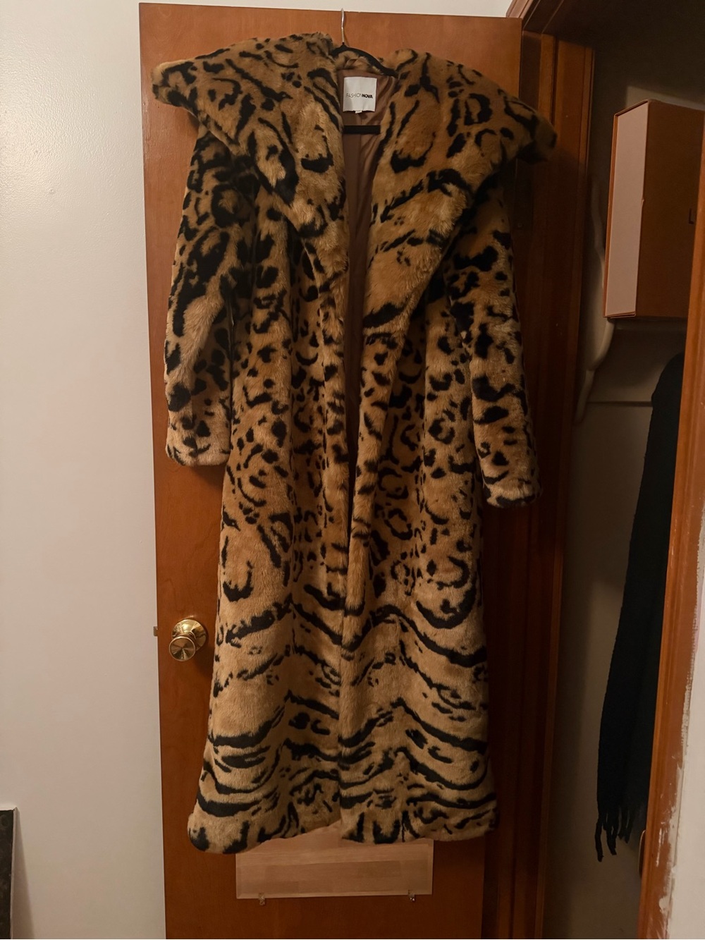 Fashion Nova Leopard Print Faux Fur Long Coat - Tan & Black